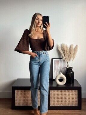 Zara Brown Square Neck 3/4" Puff-Sleeves In A Crinkle Textured Fabric Bodysuit